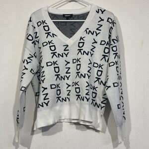Women’s DKNY V-neck Cropped Sweater White With Black Logo Print Medium
